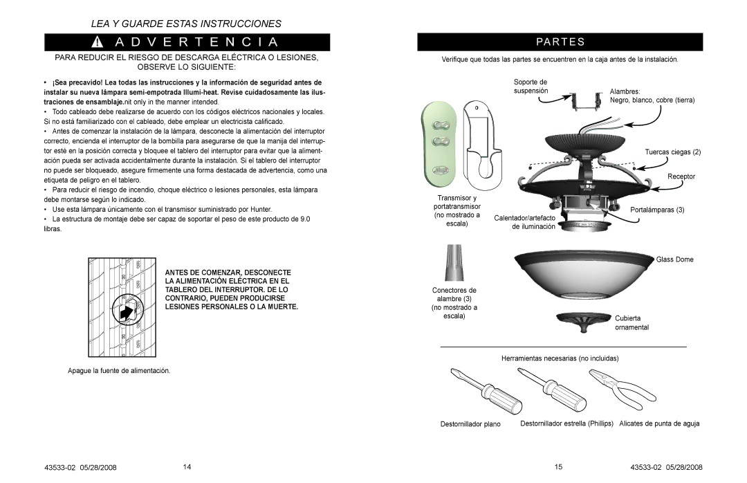 Hunter Fan Illumi-Heat owner manual V e r t e n c i a, Pa R T E S 