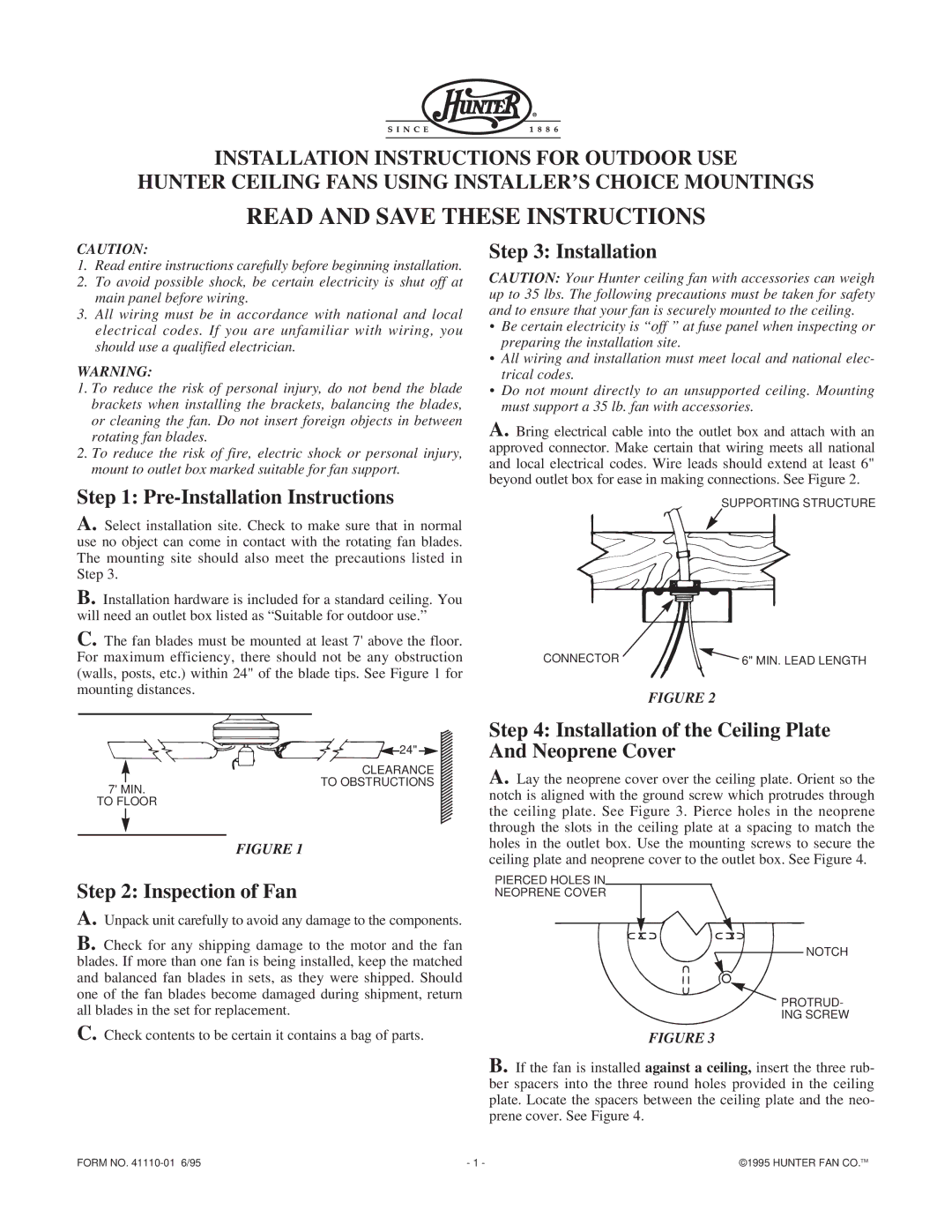 Hunter Fan Outdoor Ceiling Fan installation instructions Pre-Installation Instructions, Inspection of Fan 