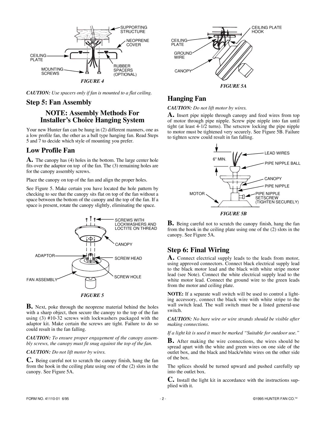 Hunter Fan Outdoor Ceiling Fan Fan Assembly Installer’s Choice Hanging System, Low Profile Fan, Hanging Fan, Final Wiring 