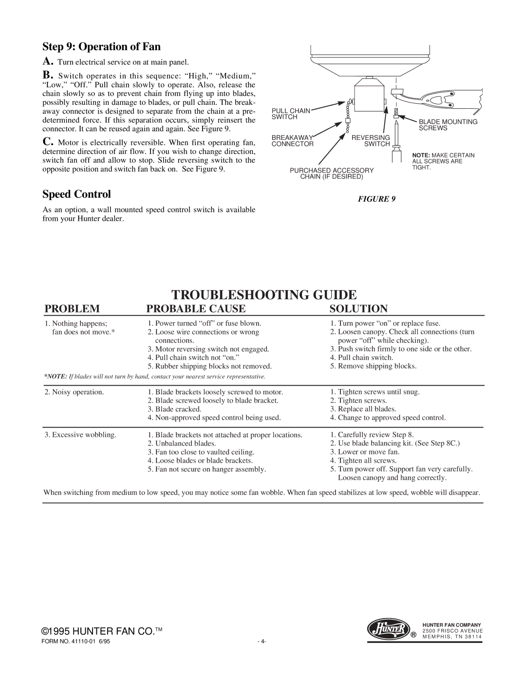 Hunter Fan Outdoor Ceiling Fan installation instructions Operation of Fan, Speed Control 