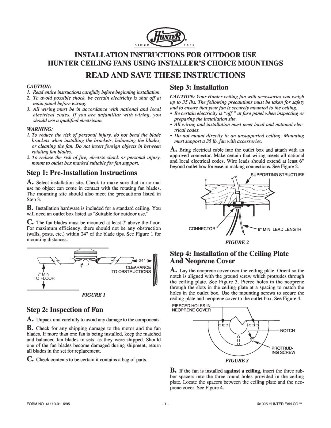 Hunter Fan Outdoor Ceiling Fan installation instructions Installation Instructions For Outdoor Use, Inspection of Fan 