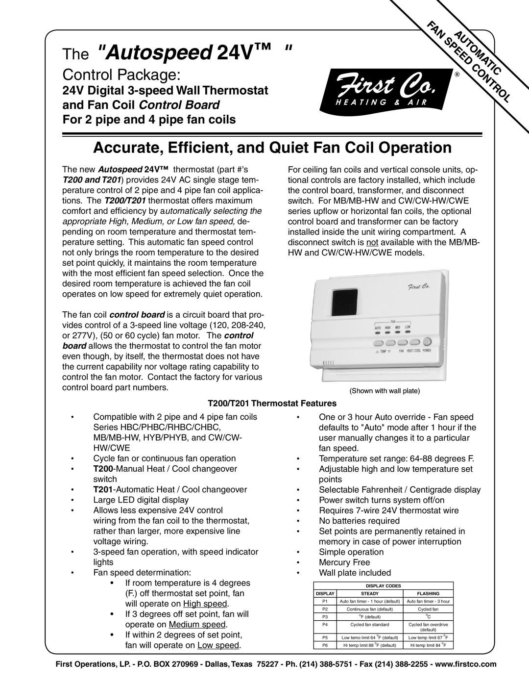 Hunter Fan T200, T201 user manual Autospeed, Control Package, Accurate, Efﬁcient, and Quiet Fan Coil Operation 