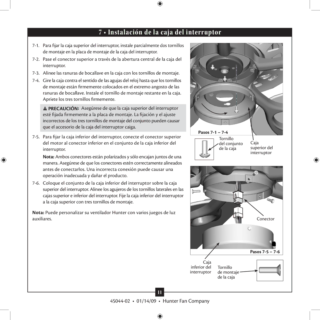 Hunter Fan TIPO manual Instalación de la caja del interruptor, Pasos 7-1, Pasos 7-5 