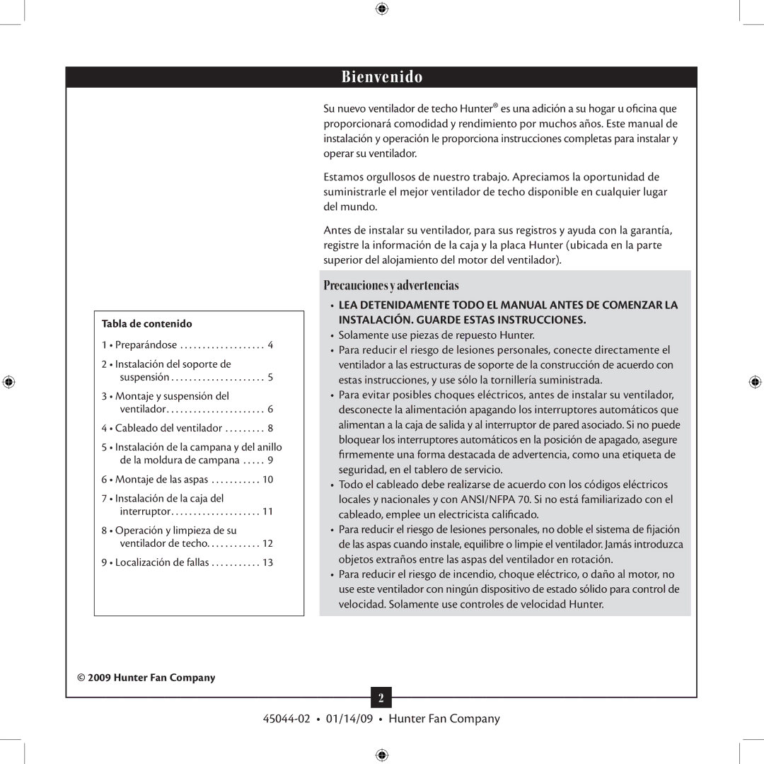 Hunter Fan TIPO manual Precauciones y advertencias, Solamente use piezas de repuesto Hunter, Tabla de contenido 