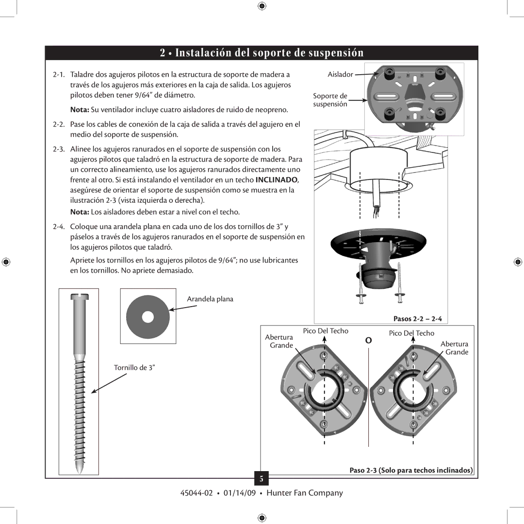 Hunter Fan TIPO manual Instalación del soporte de suspensión, Pasos 2-2, Paso 2-3 Solo para techos inclinados 