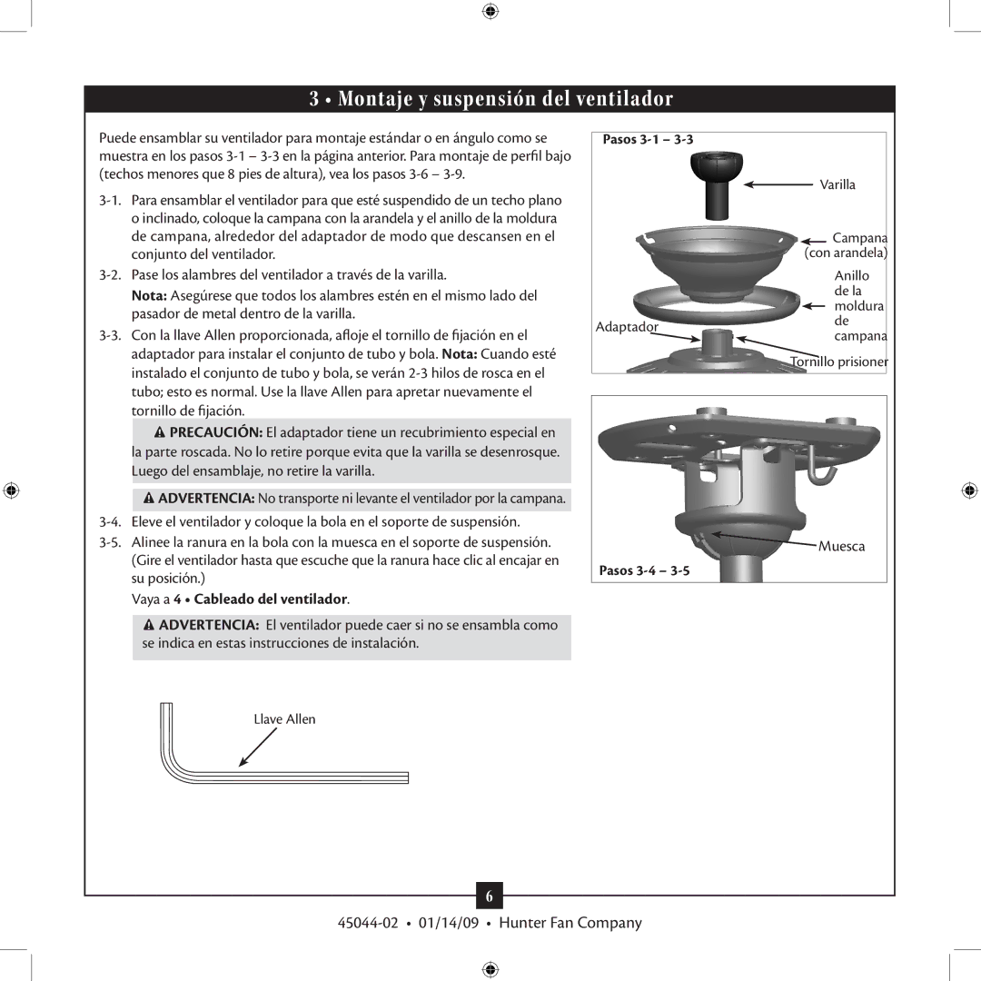 Hunter Fan TIPO manual Montaje y suspensión del ventilador, Vaya a 4 Cableado del ventilador, Muesca, Pasos 3-1, Pasos 3-4 