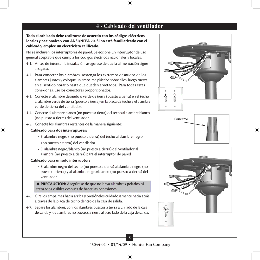 Hunter Fan TIPO manual Cableado del ventilador, Cableado para dos interruptores, Cableado para un solo interruptor 