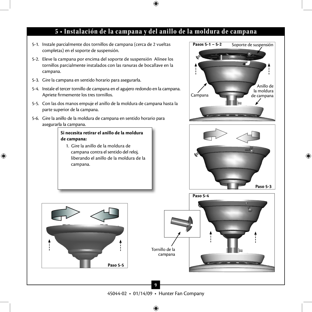 Hunter Fan TIPO manual Si necesita retirar el anillo de la moldura de campana, Pasos 5-1 