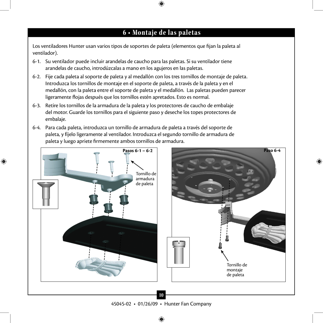 Hunter Fan TIPO manual Montaje de las paletas 