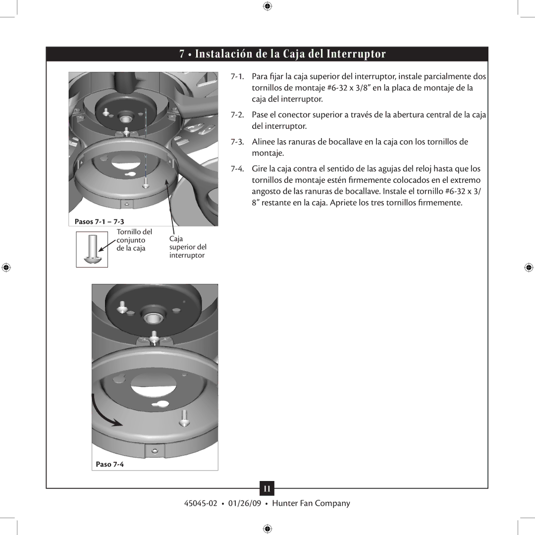 Hunter Fan TIPO manual Instalación de la Caja del Interruptor 