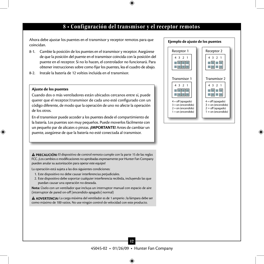 Hunter Fan TIPO manual Configuración del transmisor y el receptor remotos 