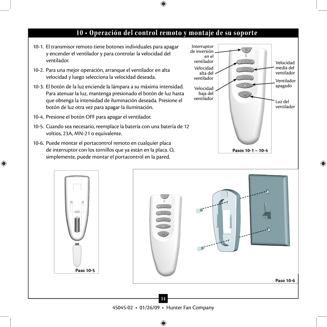 Hunter Fan TIPO manual Operación del control remoto y montaje de su soporte 