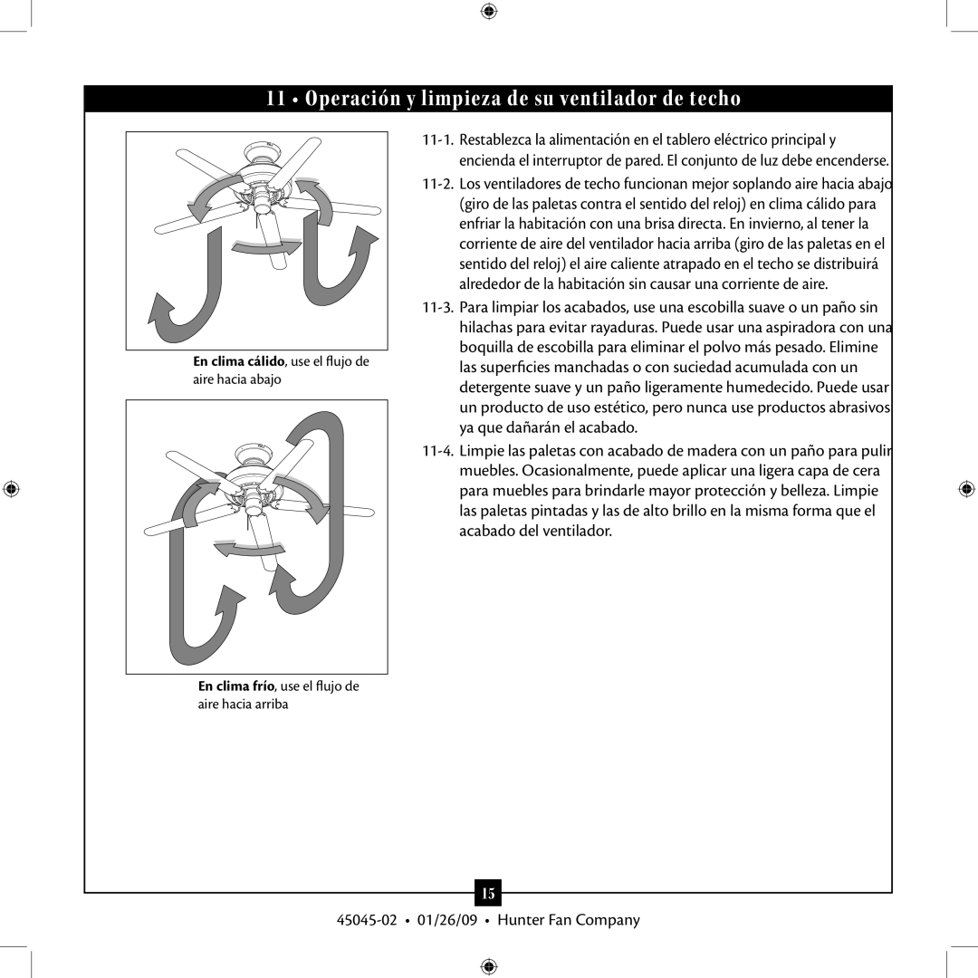 Hunter Fan TIPO manual Operación y limpieza de su ventilador de techo, En clima frío, use el flujo de aire hacia arriba 