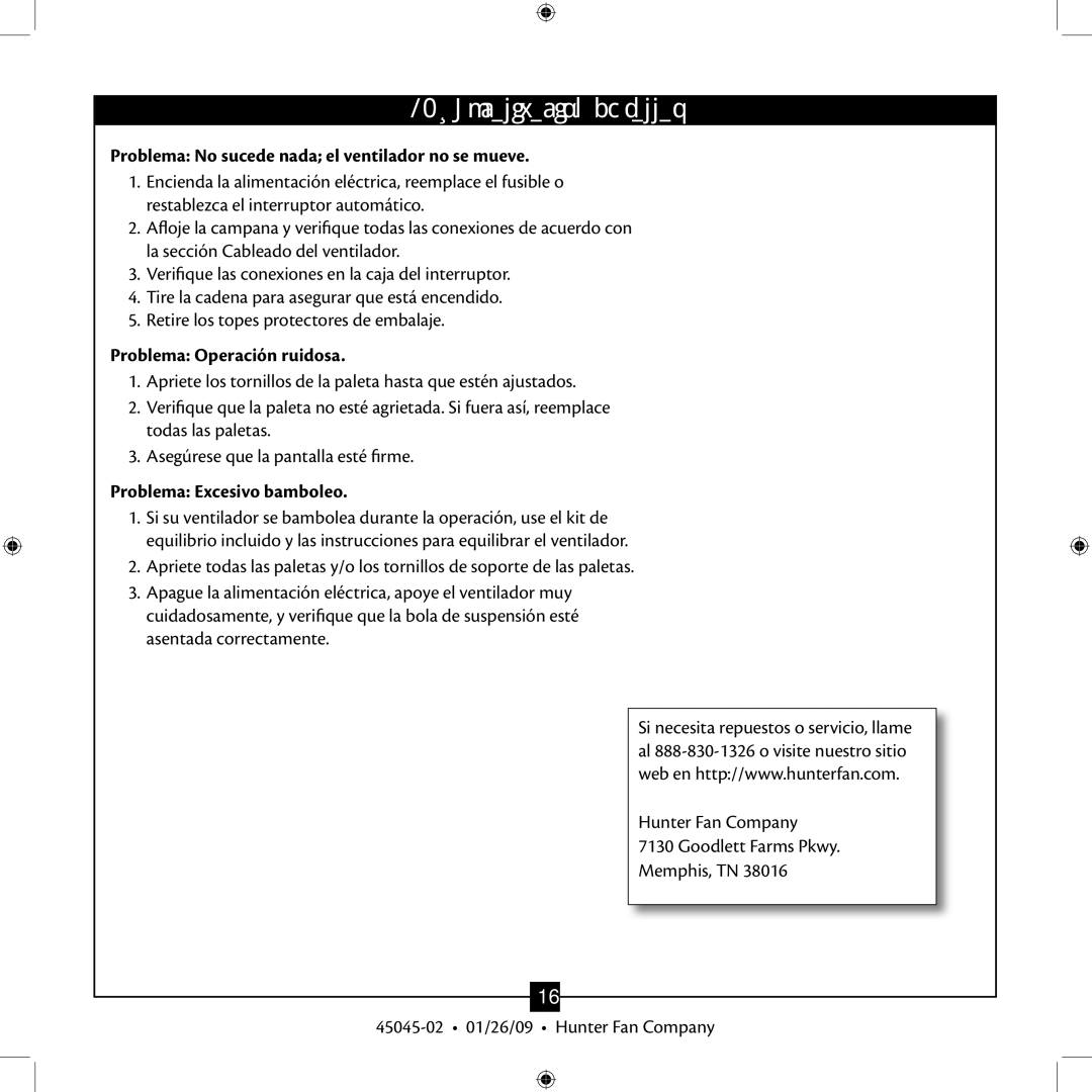 Hunter Fan TIPO manual Localización de fallas, Problema No sucede nada el ventilador no se mueve 