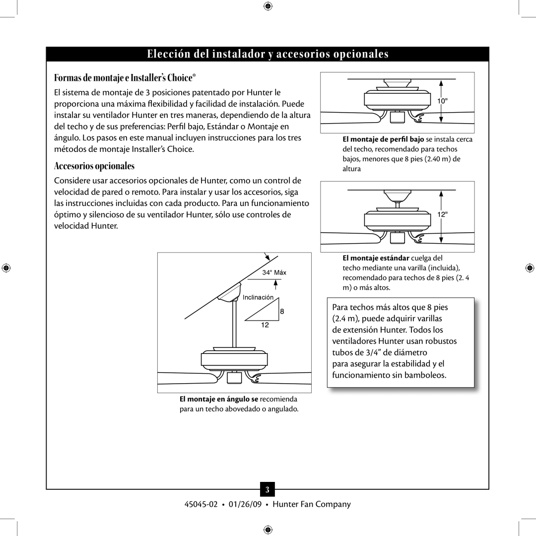 Hunter Fan TIPO manual Elección del instalador y accesorios opcionales 