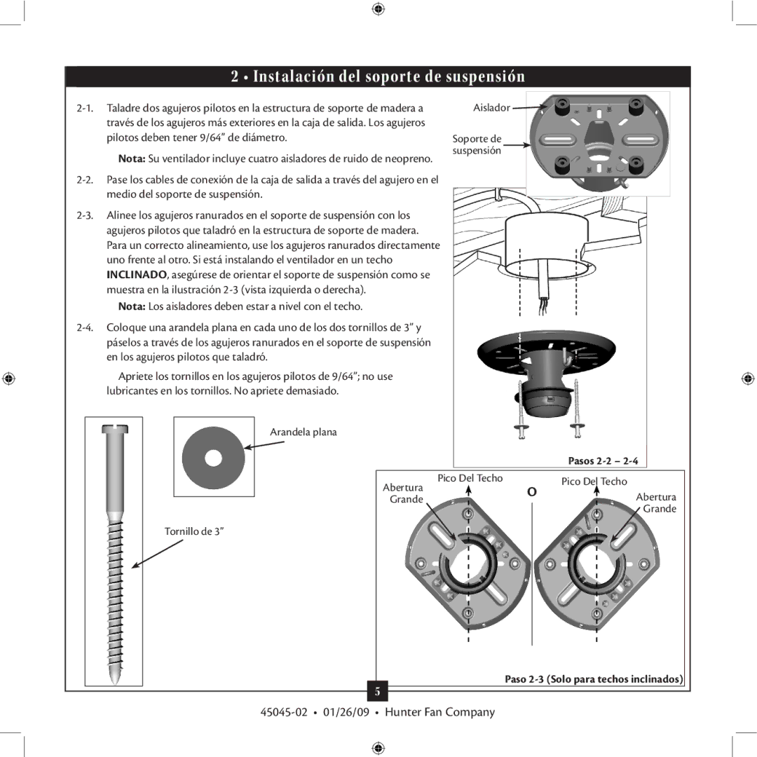 Hunter Fan TIPO manual Instalación del soporte de suspensión, Nota Los aisladores deben estar a nivel con el techo 