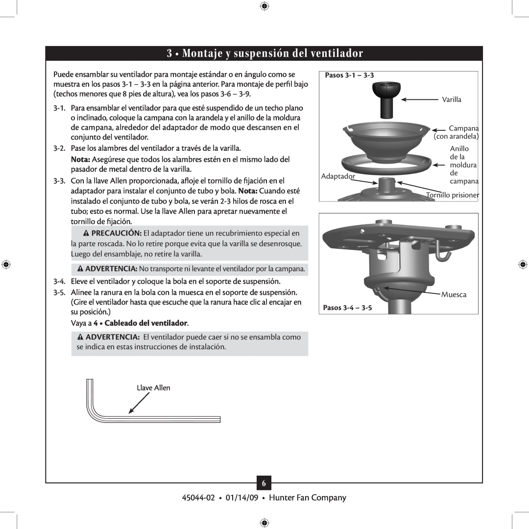 Hunter Fan TIPO manual Montaje y suspensión del ventilador, Vaya a 4 Cableado del ventilador 