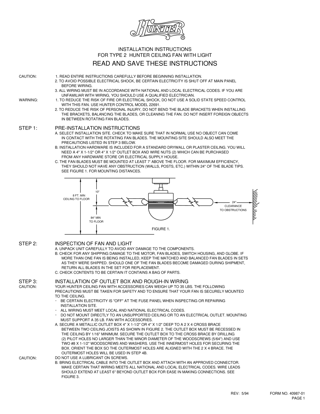 Hunter Fan TYPE 2 installation instructions Installation Instructions, Step PRE-INSTALLATION Instructions 