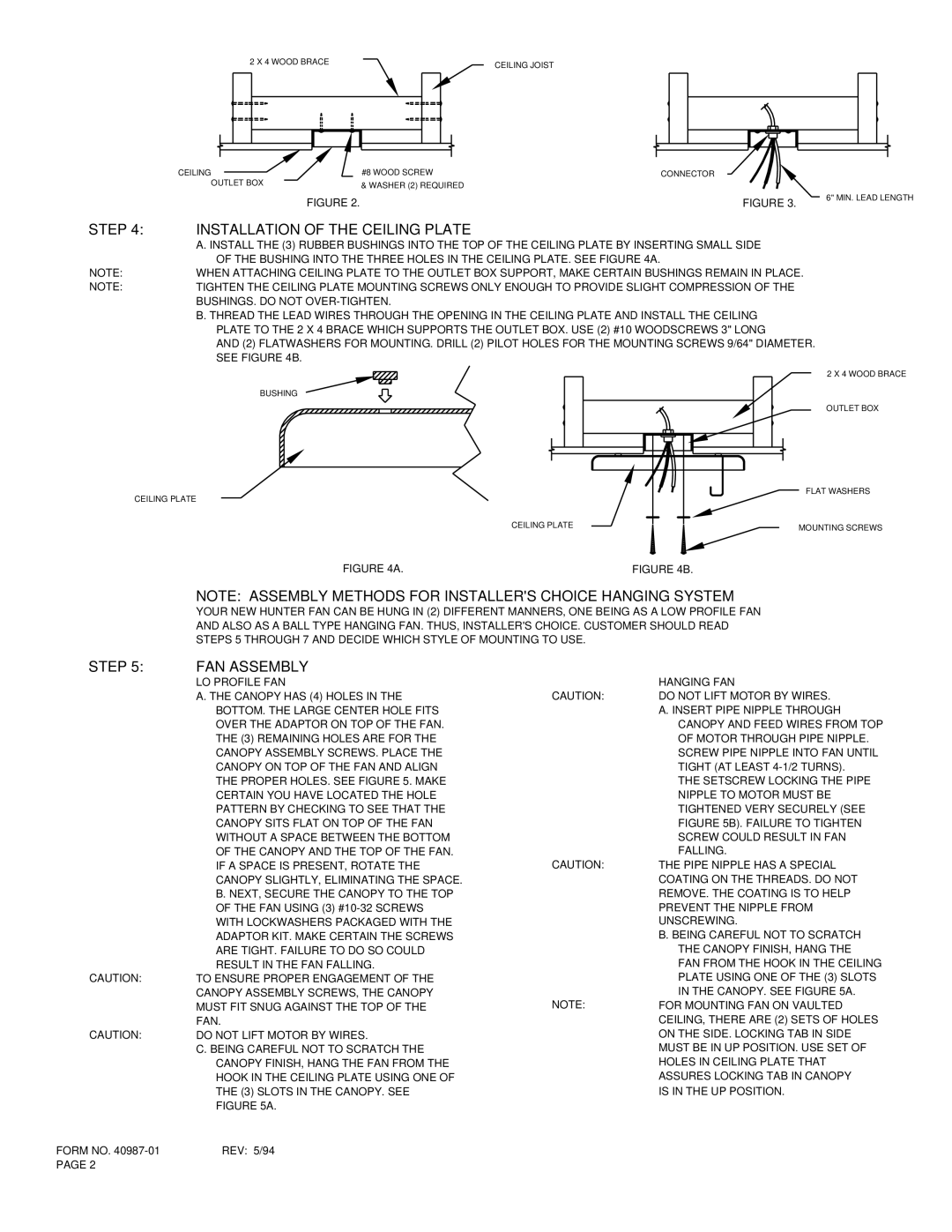 Hunter Fan TYPE 2 installation instructions Step Installation of the Ceiling Plate, FAN Assembly 