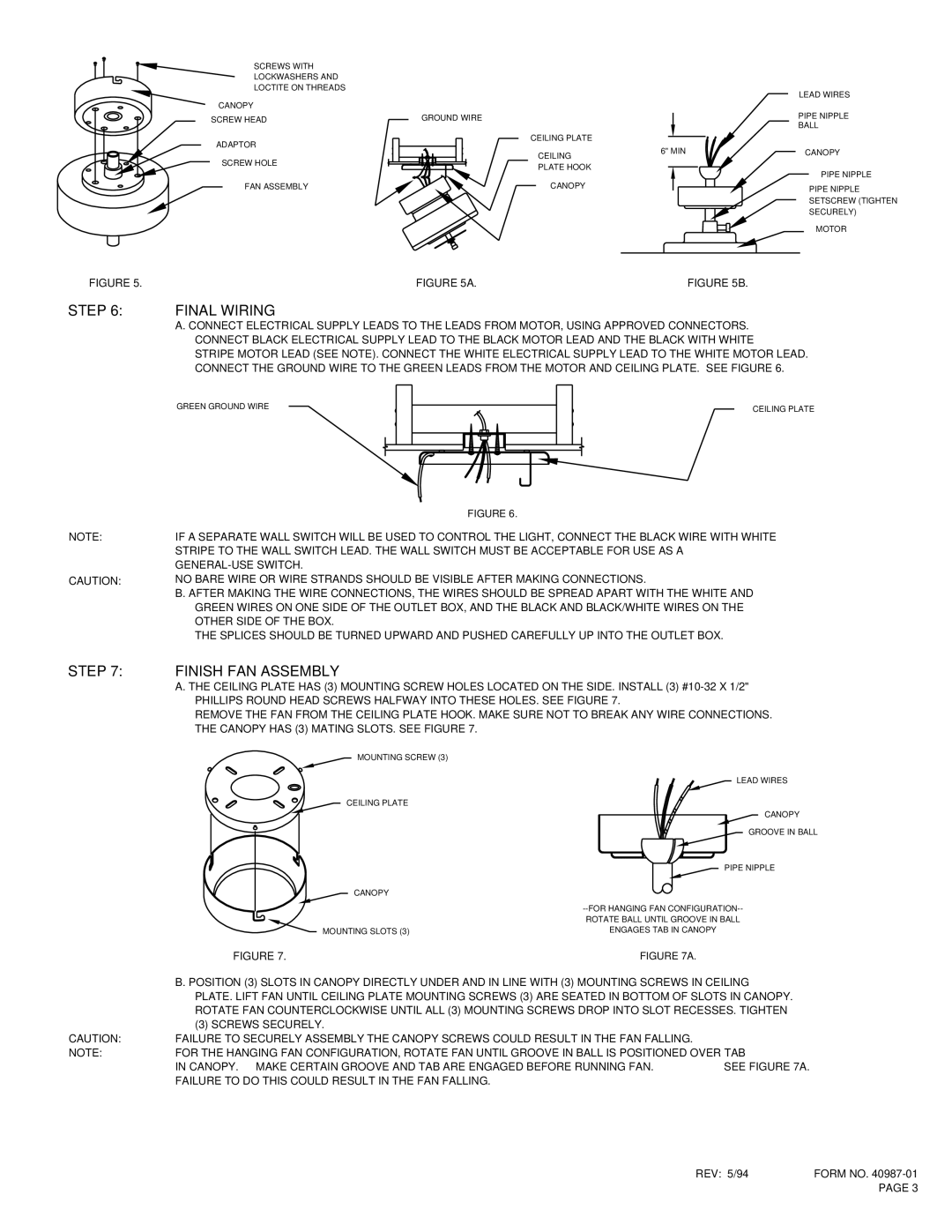 Hunter Fan TYPE 2 installation instructions Step, Final Wiring, Finish FAN Assembly 