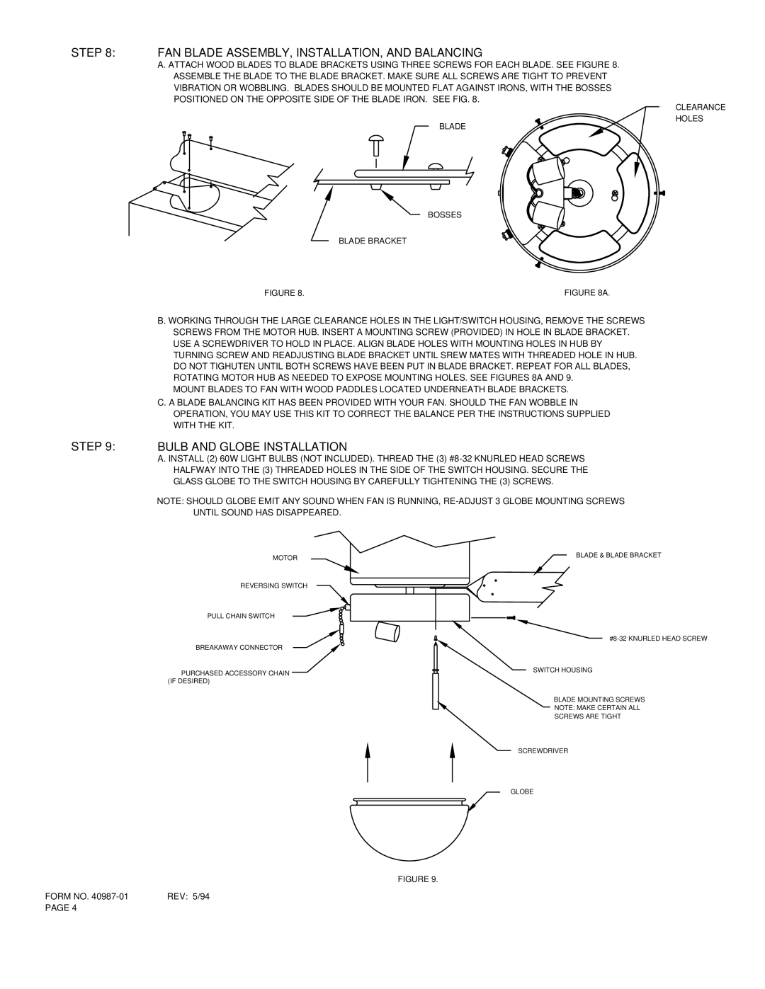 Hunter Fan TYPE 2 installation instructions FAN Blade ASSEMBLY, INSTALLATION, and Balancing, Bulb and Globe Installation 