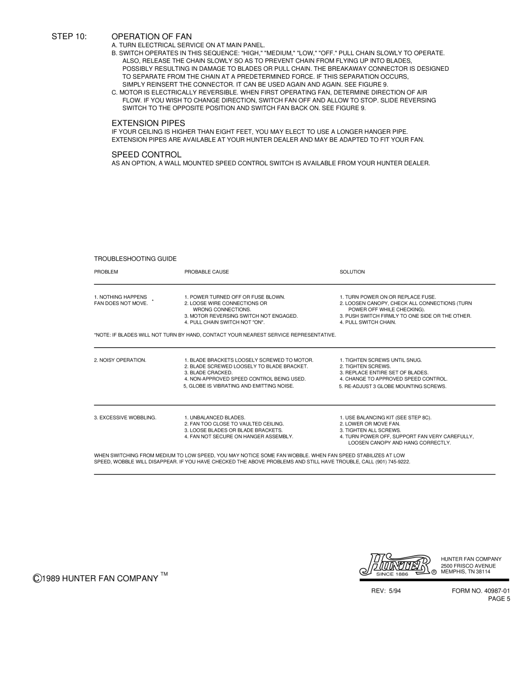 Hunter Fan TYPE 2 installation instructions Operation of FAN, Extension Pipes, Speed Control, Hunter FAN Company TM 