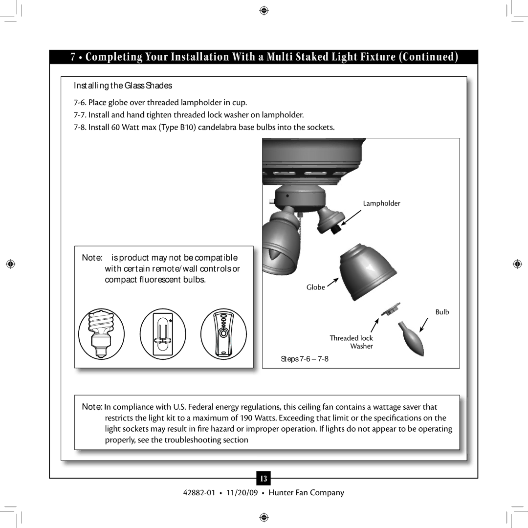 Hunter Fan 42882-01, Type 2A installation manual Installing the Glass Shades 