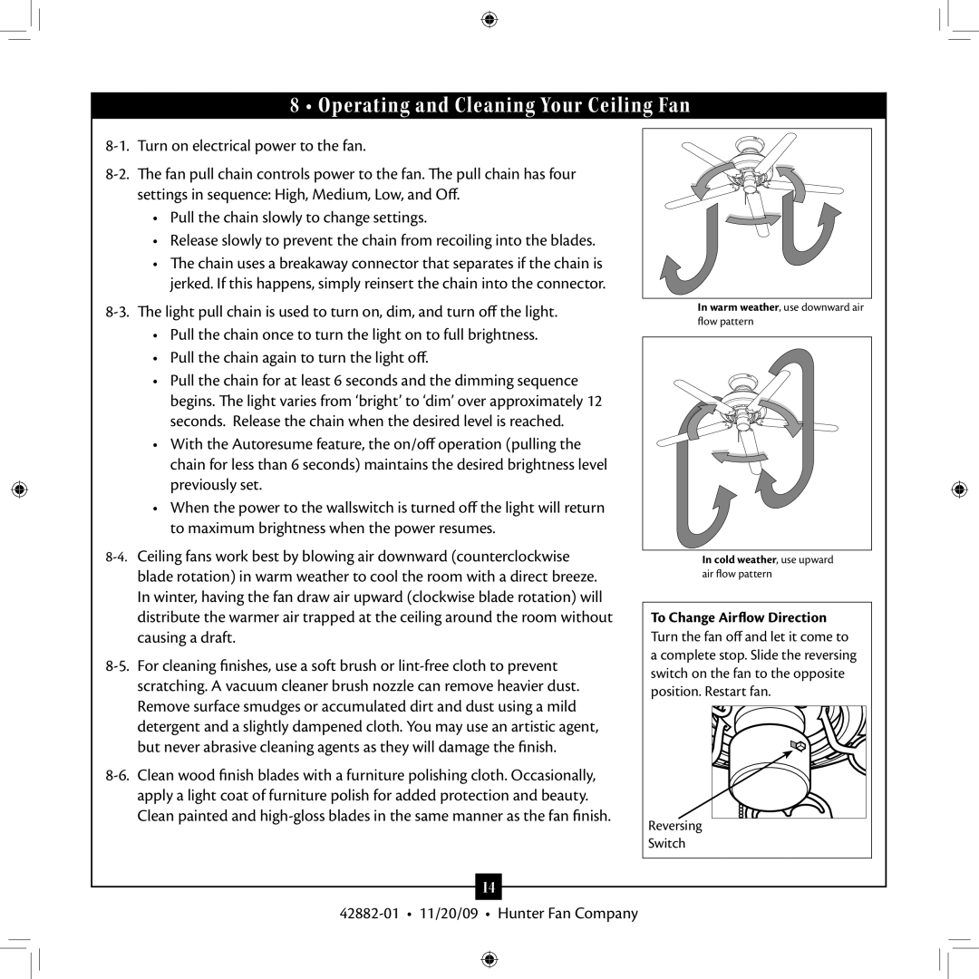 Hunter Fan Type 2A, 42882-01 installation manual Operating and Cleaning Your Ceiling Fan, To Change Airflow Direction 