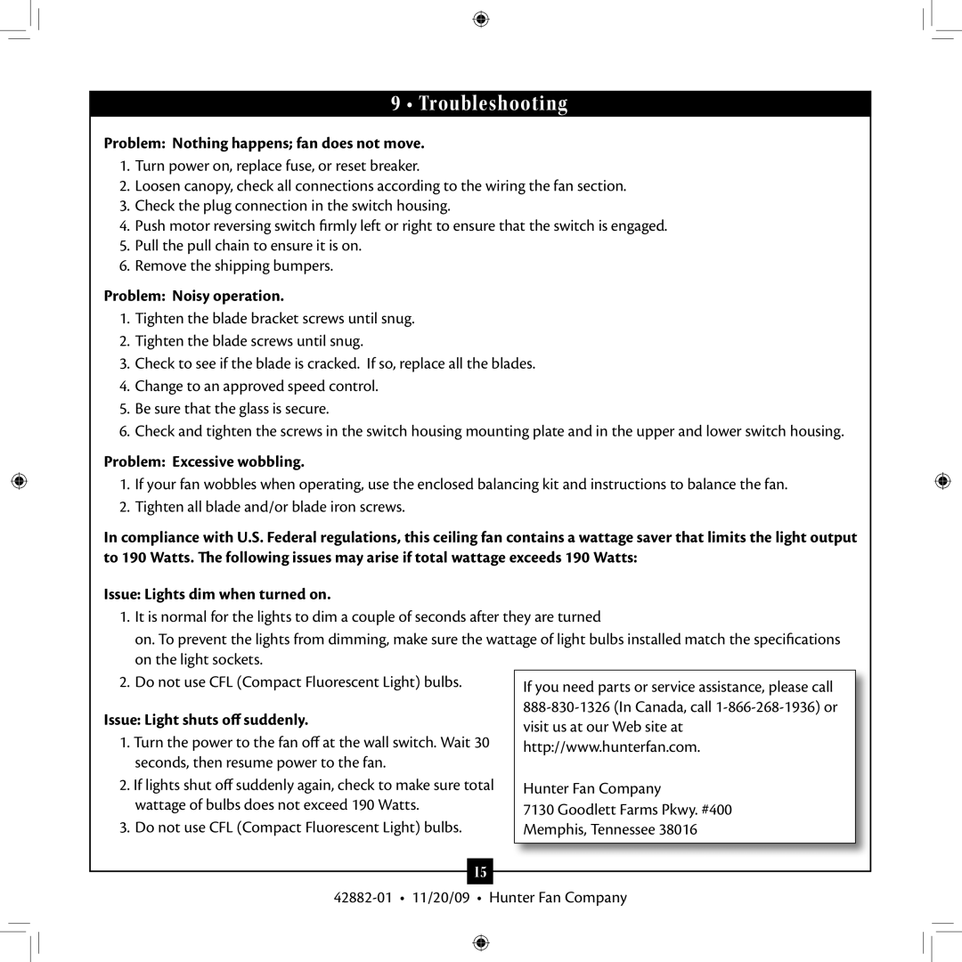 Hunter Fan 42882-01, Type 2A Troubleshooting, Problem Nothing happens fan does not move, Problem Noisy operation 