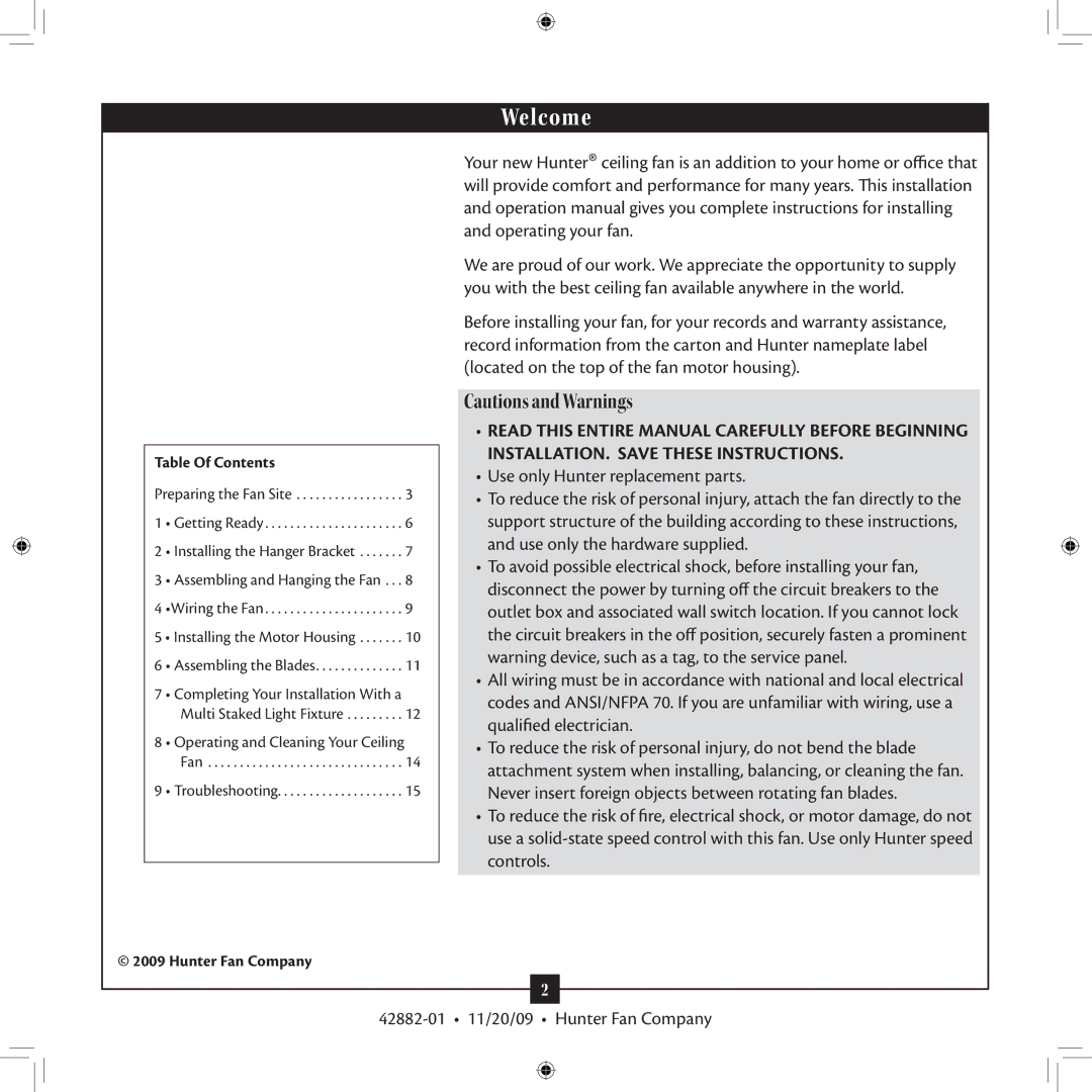 Hunter Fan Type 2A, 42882-01 installation manual Welcome, Table Of Contents 