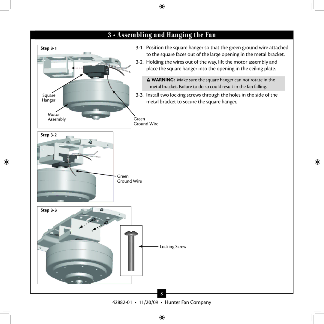 Hunter Fan Type 2A, 42882-01 installation manual Assembling and Hanging the Fan 