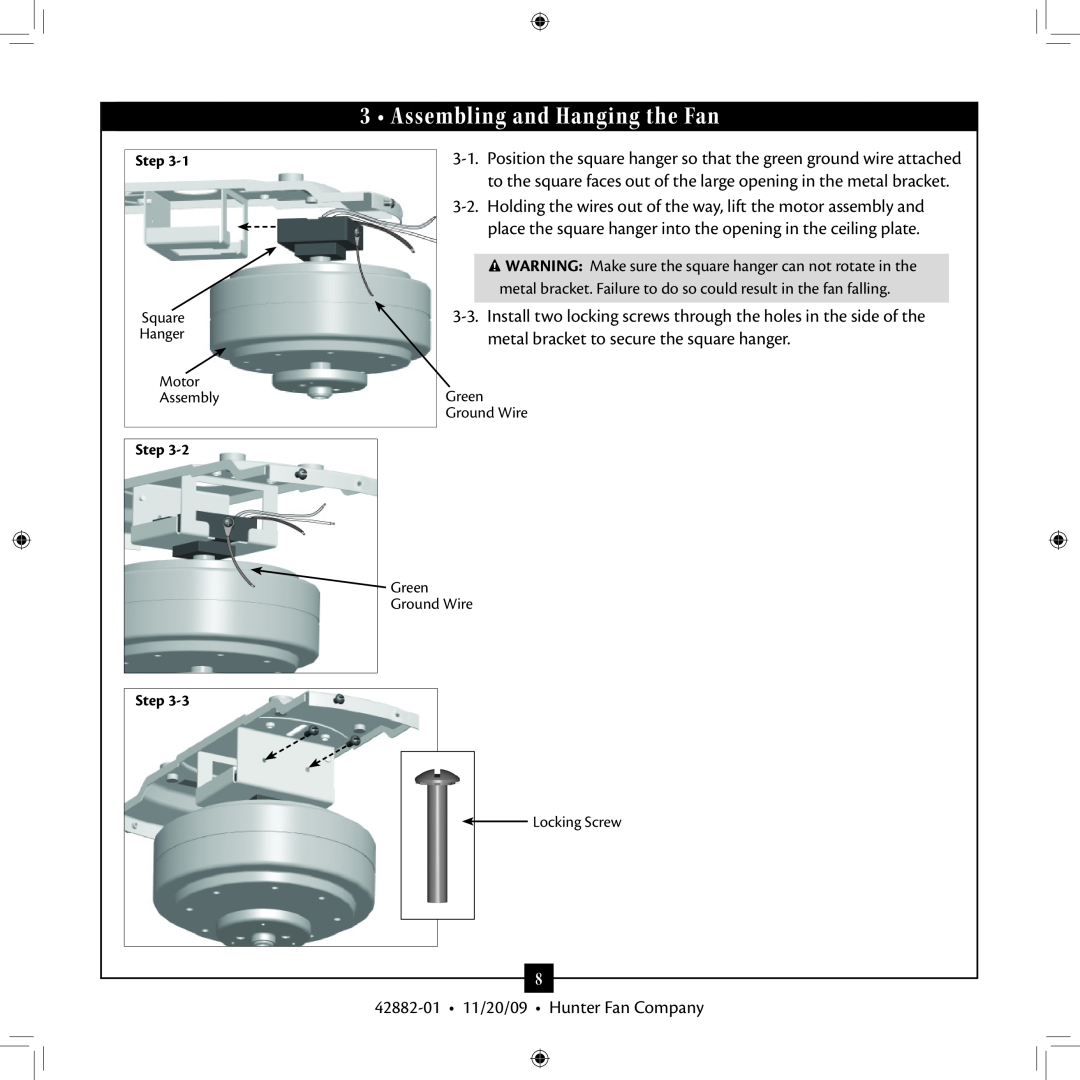 Hunter Fan Type 2A installation manual 3 • Assembling and Hanging the Fan, 42882-01• 11/20/09 • Hunter Fan Company, Step 