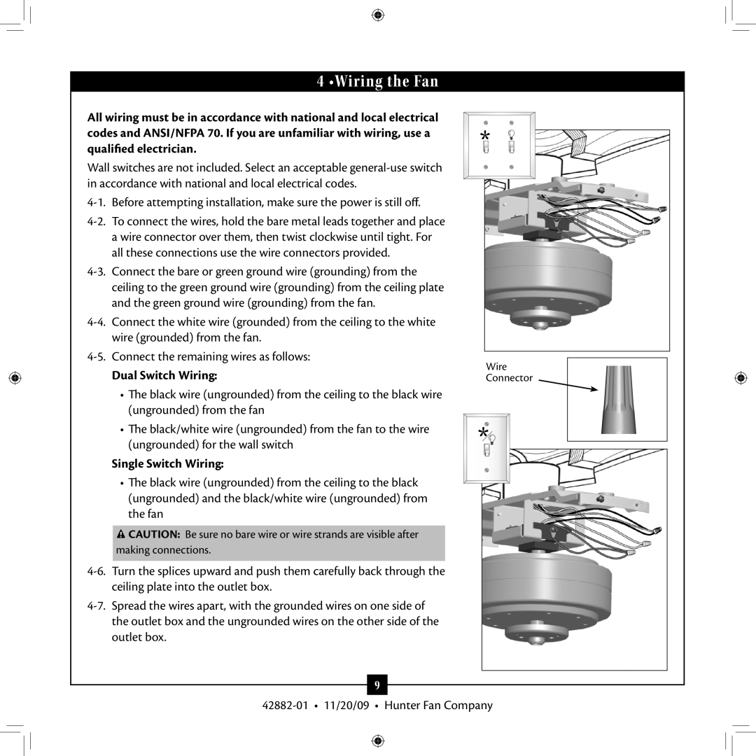Hunter Fan 42882-01, Type 2A installation manual 4 •Wiring the Fan, Dual Switch Wiring, Single Switch Wiring 