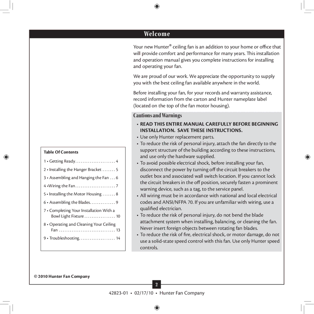 Hunter Fan Type 2A Models, 42823-01 installation manual Welcome 