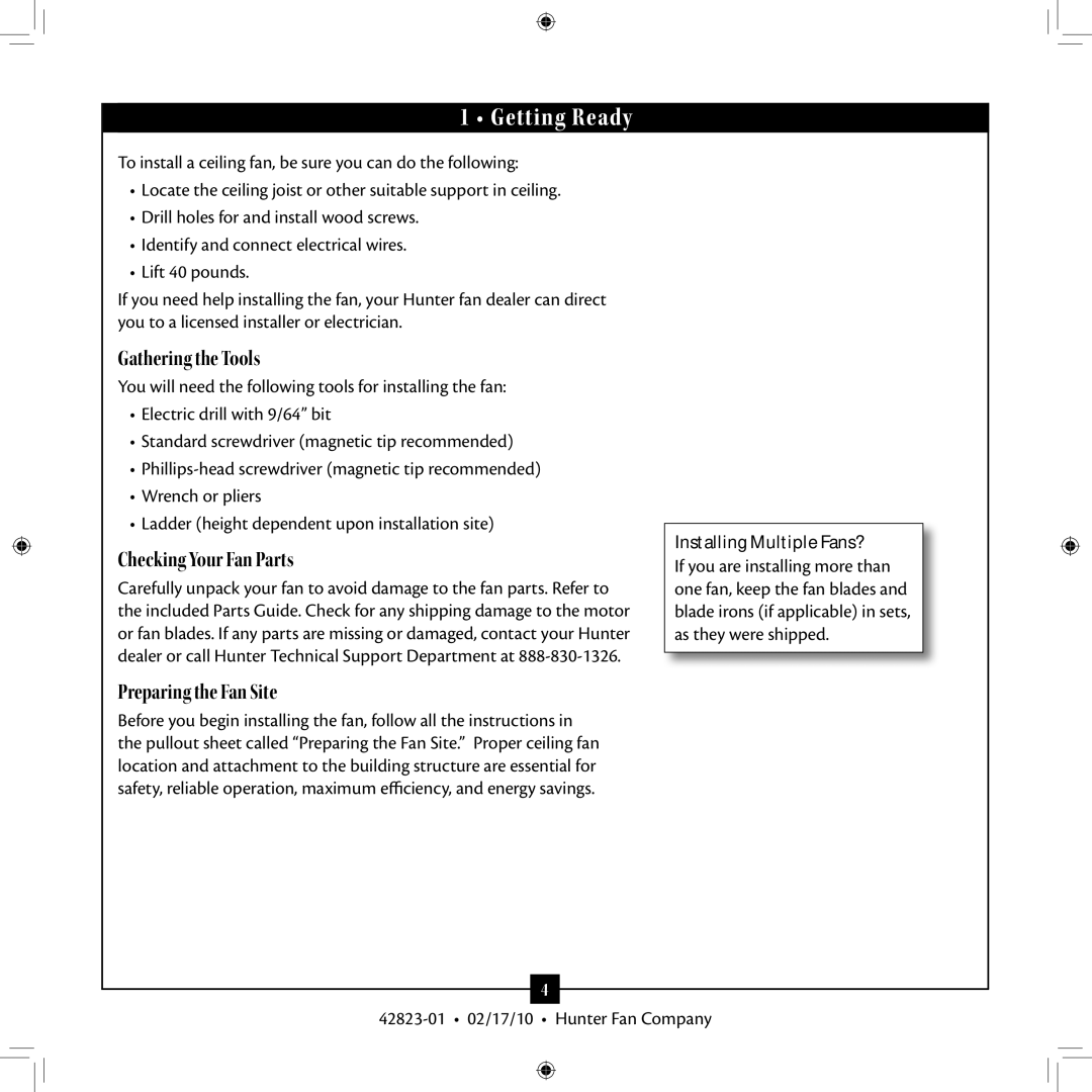 Hunter Fan Type 2A Models, 42823-01 installation manual Getting Ready, Installing Multiple Fans? 