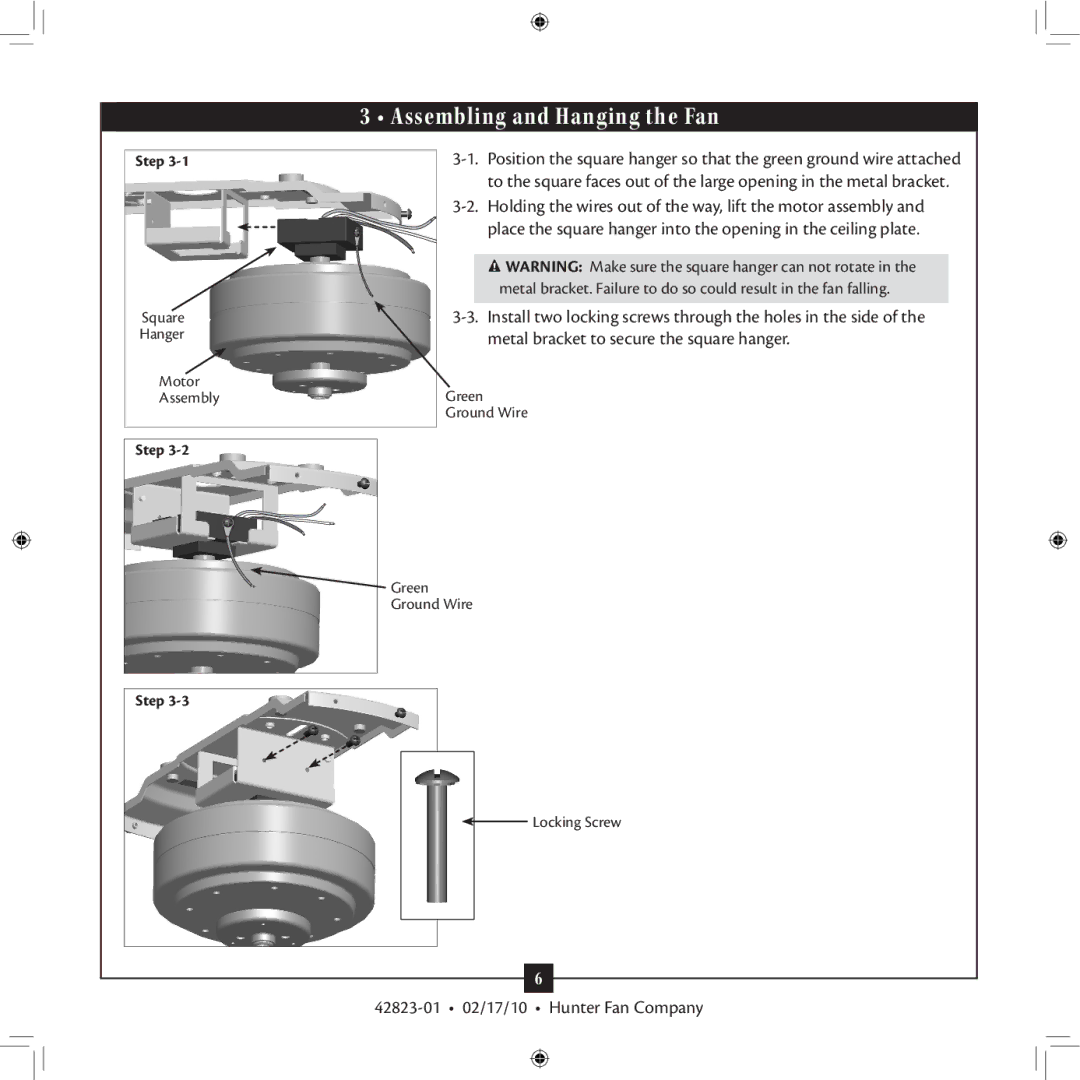 Hunter Fan Type 2A Models, 42823-01 installation manual Assembling and Hanging the Fan 