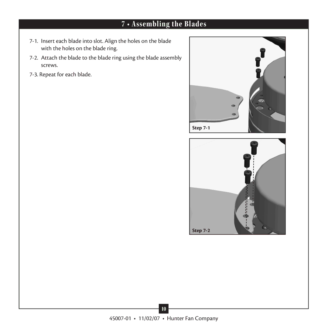 Hunter Fan Type 3 Models, 45007 warranty Assembling the Blades 
