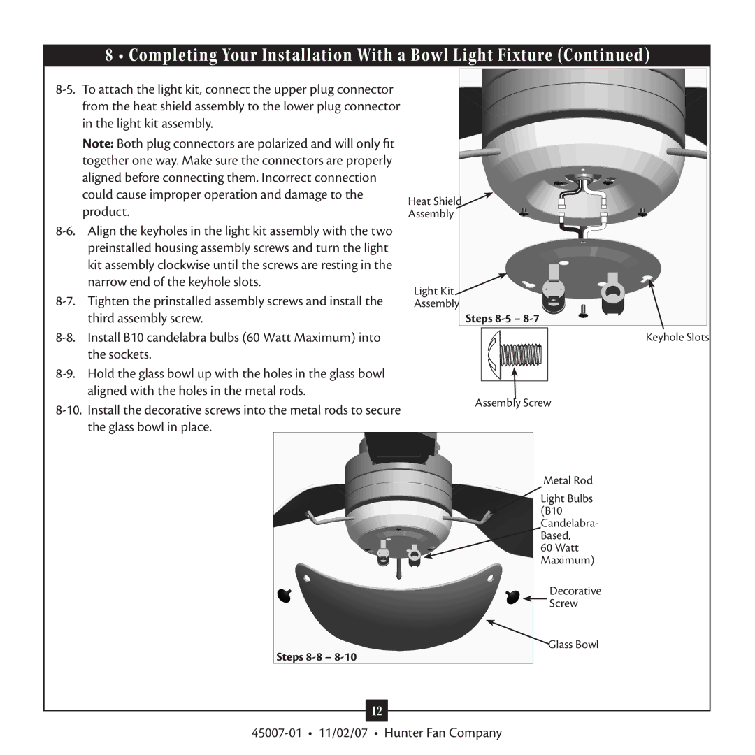 Hunter Fan Type 3 Models, 45007 Product, Align the keyholes in the light kit assembly with the two, Third assembly screw 