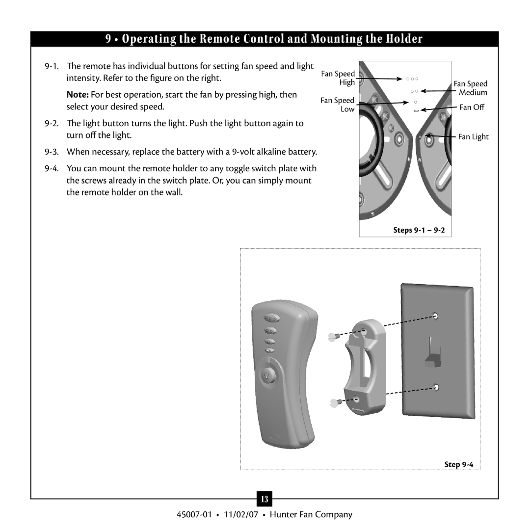 Hunter Fan 45007, Type 3 Models warranty Operating the Remote Control and Mounting the Holder 