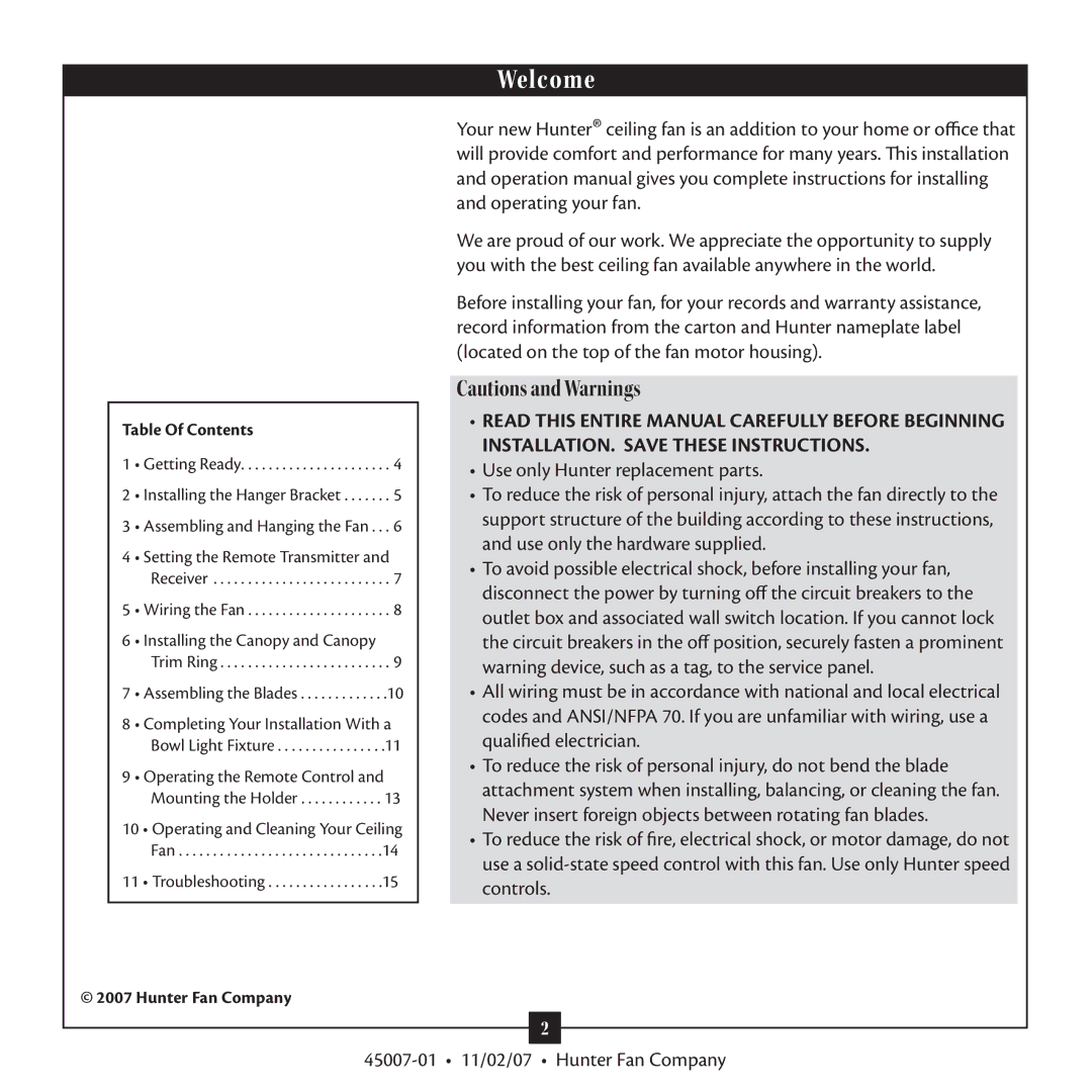 Hunter Fan Type 3 Models warranty 45007-01 11/02/07 Hunter Fan Company, Table Of Contents 