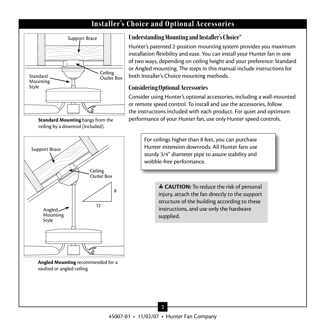 Hunter Fan 45007, Type 3 Models warranty Installer’s Choice and Optional Accessories 
