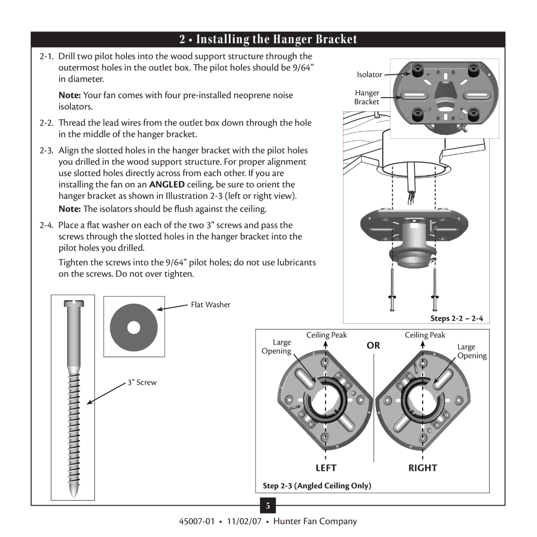 Hunter Fan 45007, Type 3 Models warranty Installing the Hanger Bracket 