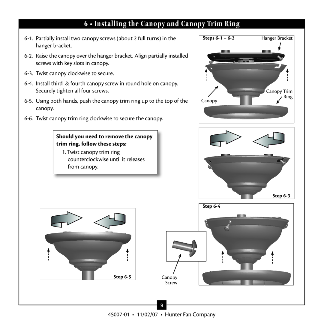 Hunter Fan 45007, Type 3 Models warranty Installing the Canopy and Canopy Trim Ring 