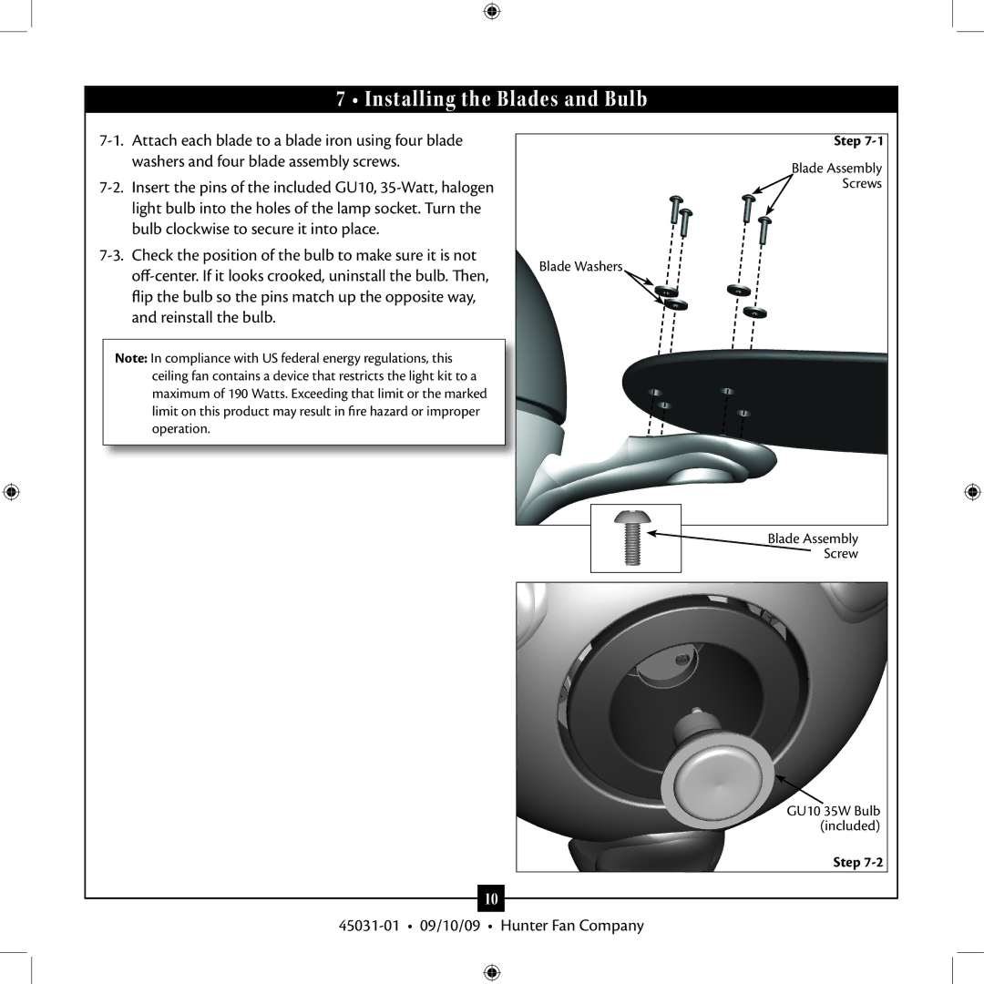 Hunter Fan Type 3 installation manual Installing the Blades and Bulb 