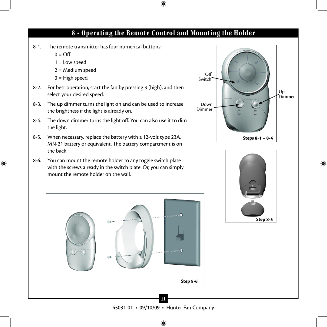 Hunter Fan Type 3 installation manual Operating the Remote Control and Mounting the Holder 