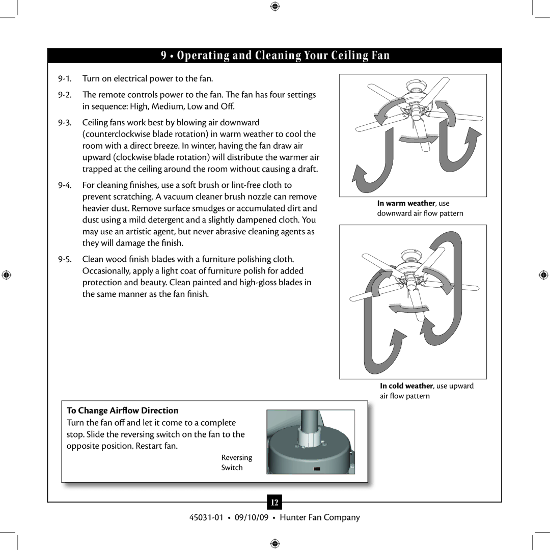 Hunter Fan Type 3 installation manual Operating and Cleaning Your Ceiling Fan, To Change Airflow Direction 