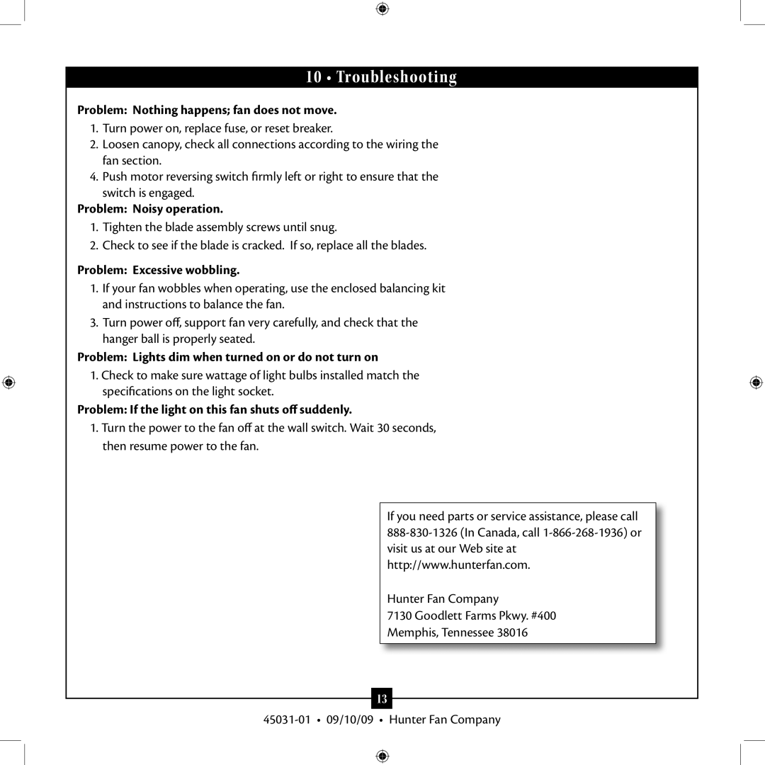 Hunter Fan Type 3 installation manual Troubleshooting 