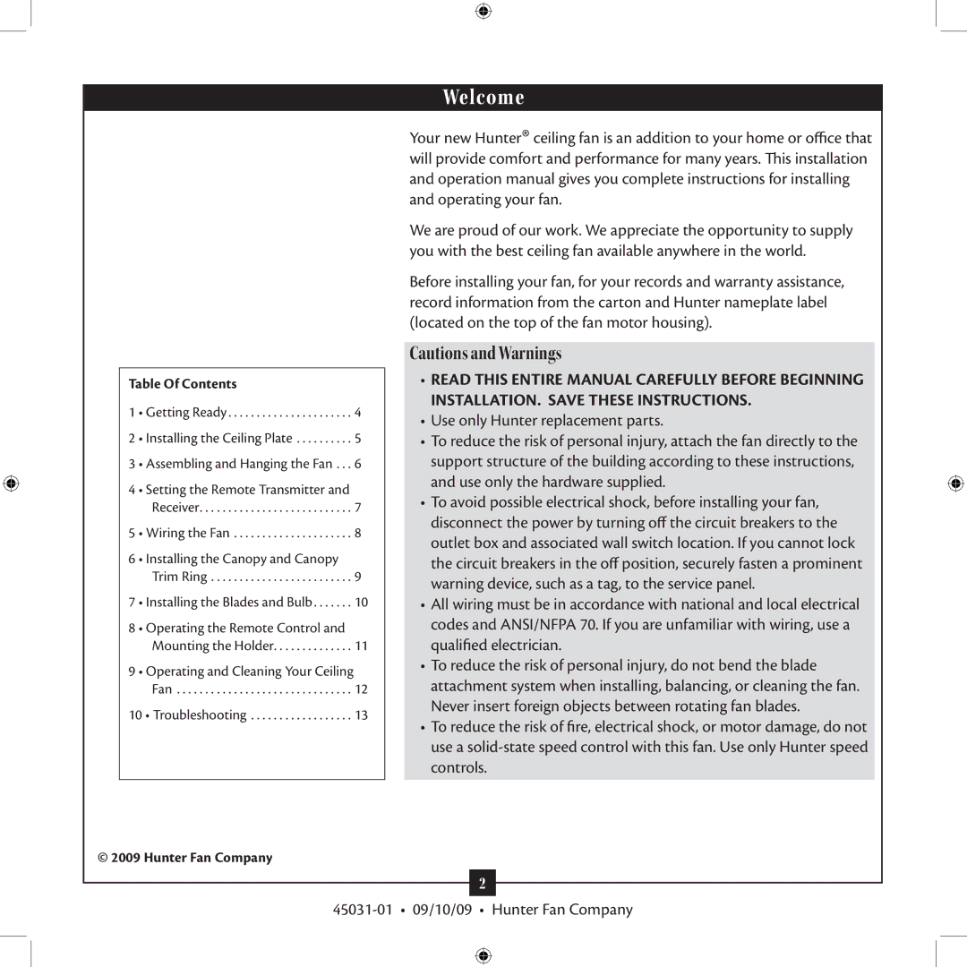 Hunter Fan Type 3 installation manual Welcome 