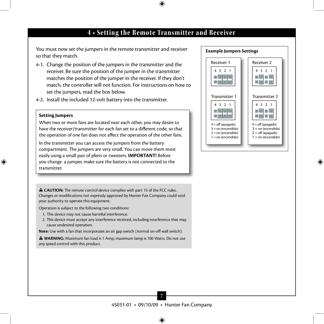 Hunter Fan Type 3 installation manual Setting the Remote Transmitter and Receiver, Setting Jumpers 