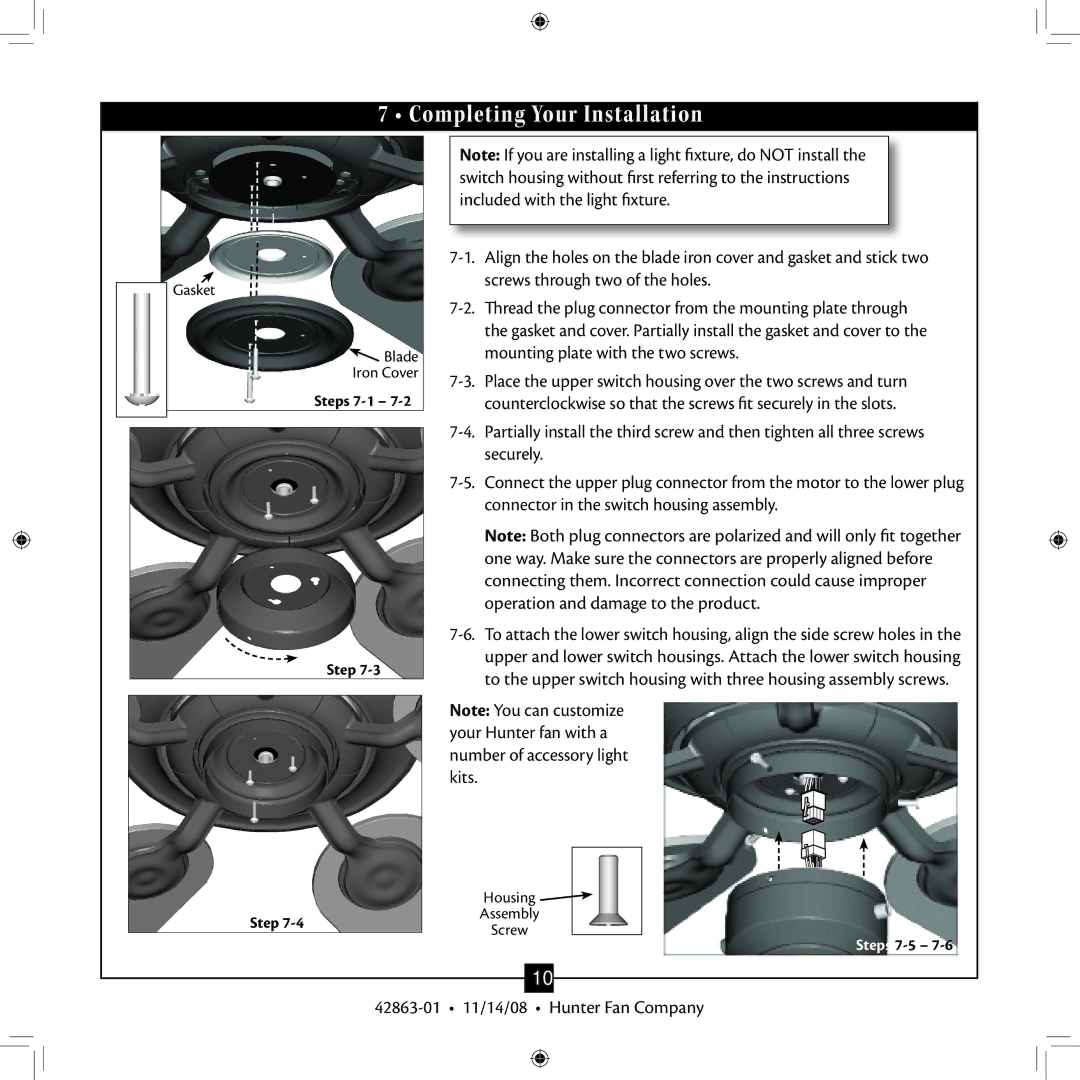 Hunter Fan Type 5 Models, 42863-01 installation manual Completing Your Installation 